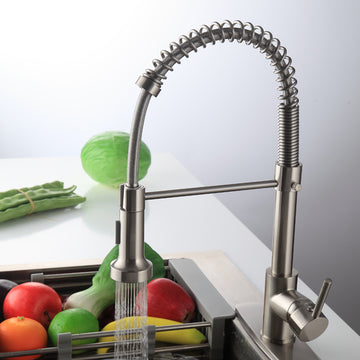 B Backline Brass Single Lever Kitchen Sink Faucet Mixer 360° Pull-Out Sprayer Kitchen Faucet Tap with Multi-Function Spray Head, Brushed Finish
