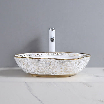 B Backline Ceramic Table Top, Counter Top Wash Basin 20 X 15 X 5 Inch Gold White