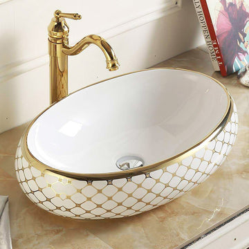 B Backline Ceramic Table Top Wash Basin 60x40 cm Gold White (Model 23)