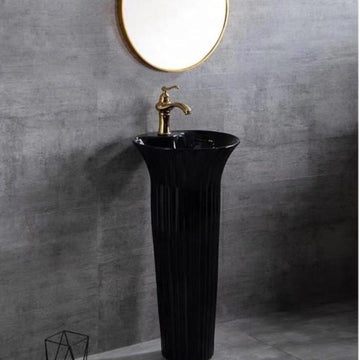 B Backline Ceramic Pedestal Free Standing Wash Basin Round Black Matte 16 Inch