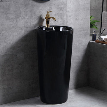 B Backline Ceramic Pedestal Wash Basin Round 15 Inch Black Glossy