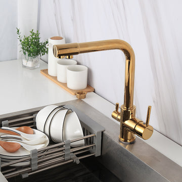 B Backline Brass Kitchen Faucet Tap Double Lever Hole RO Drinking water tap kitchen faucet (Gold)