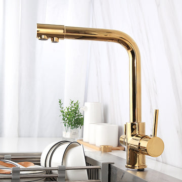 B Backline Brass Kitchen Faucet Tap Double Lever Hole RO Drinking water tap kitchen faucet (Gold)
