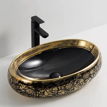 Ceramic Table Top Wash Basin 60x40 cm Black Gold Glossy for Bathroom