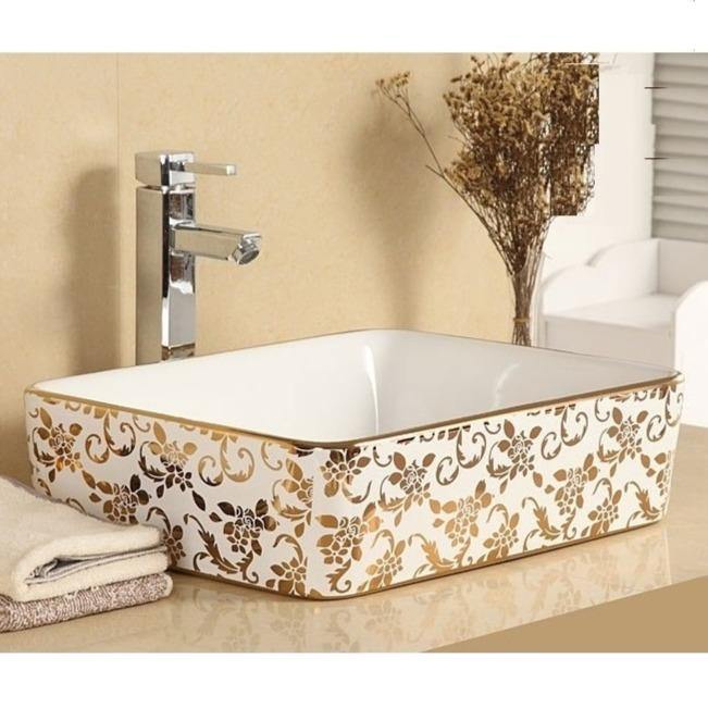 Table Top Premium Designer Ceramic Wash Basin/Vessel Sink Slim Rim for Bathroom 19 x 15 x 5 Inch Golden White Color - Bath Outlet