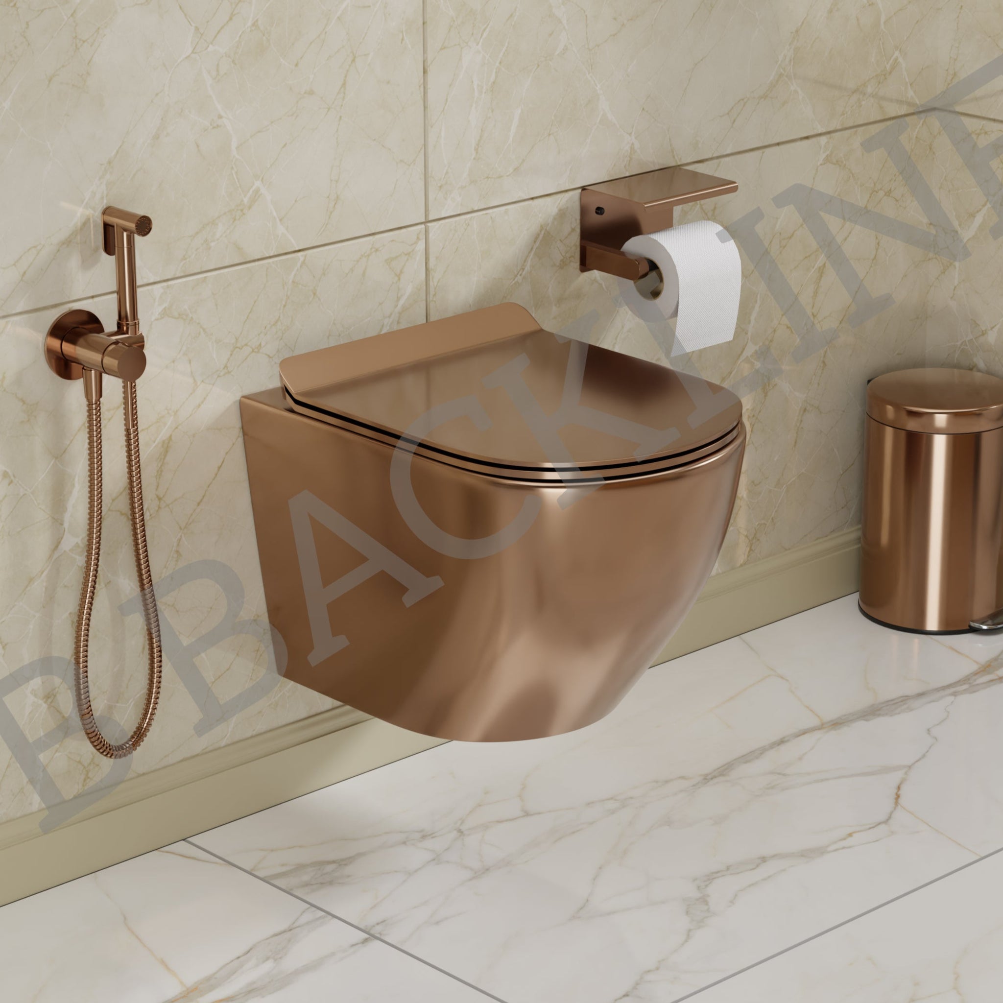 B Backline Ceramic Wall Mount, Wall Hung Western Toilet Commode Rose Gold
