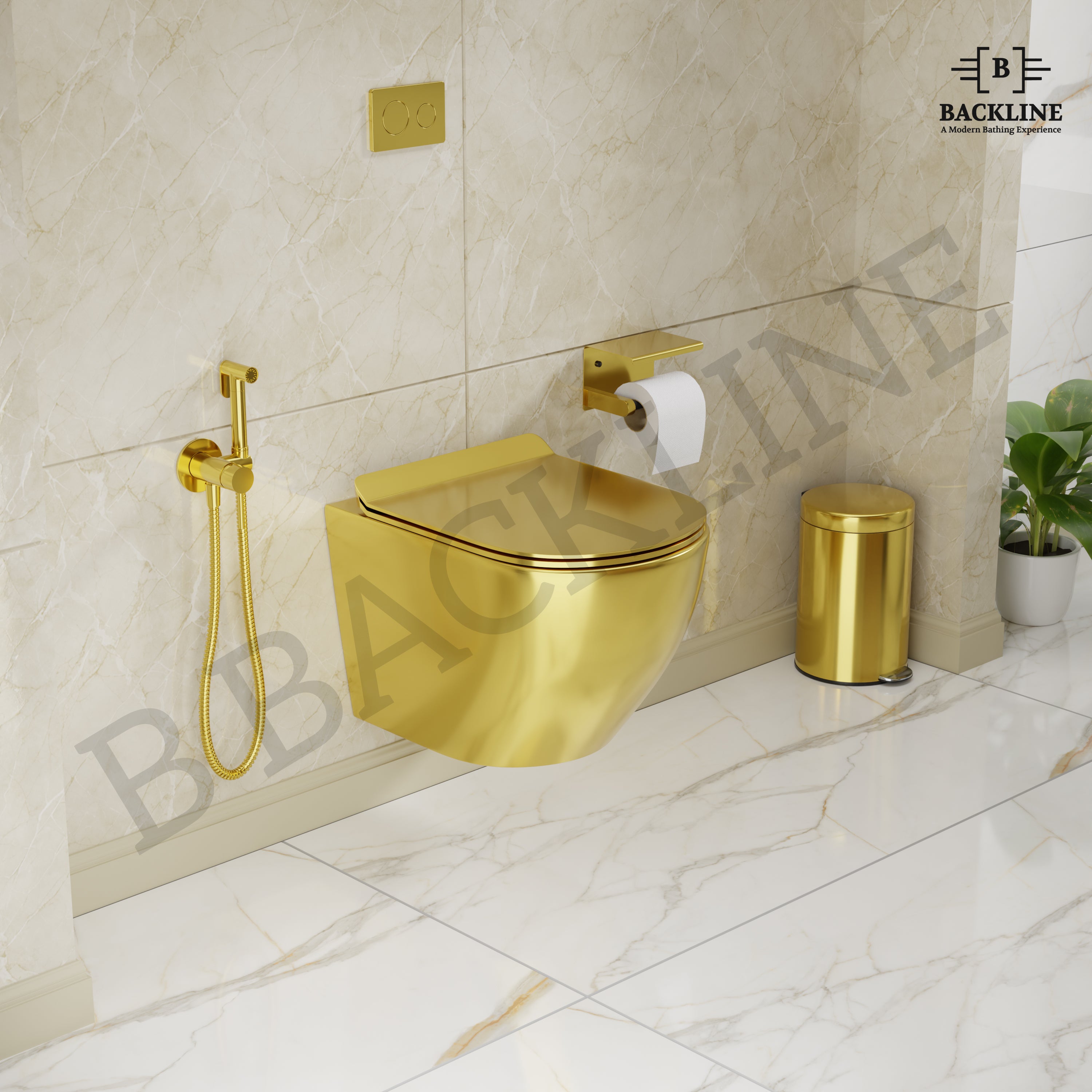 B Backline Ceramic Wall Mount, Wall Hung Western Toilet Commode Gold Glossy 48 X 36 X 36 Cm