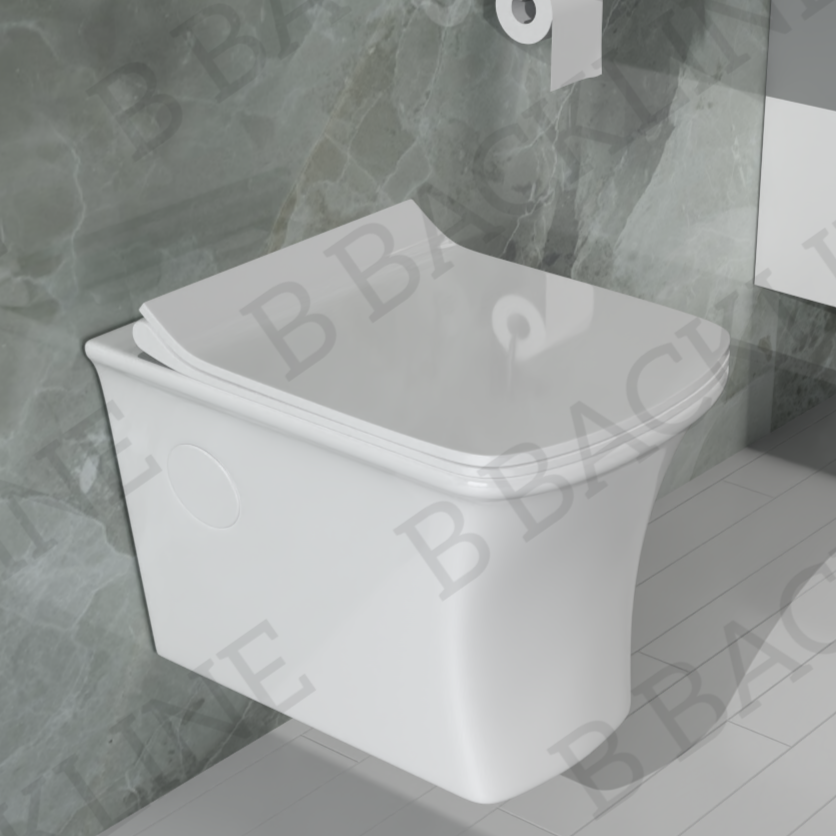 B Backline Ceramic Wall Mount , Wall Hung Western Water Closet Rimless Western Commode Toilet  with Soft Seat Cover White