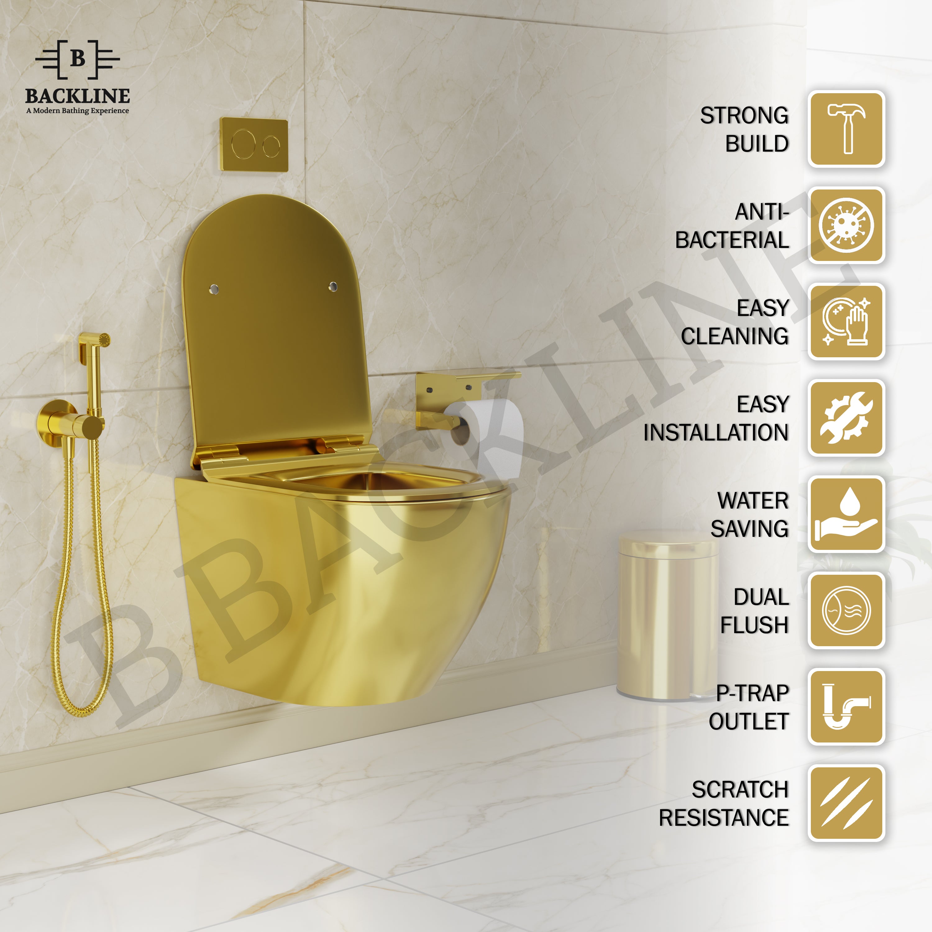 B Backline Ceramic Wall Mount, Wall Hung Western Toilet Commode Gold Glossy 48 X 36 X 36 Cm