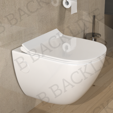 B Backline Ceramic Wall Mount , Wall Hung Western Water Closet Rimless Western Commode Toilet  with Soft Seat Cover White