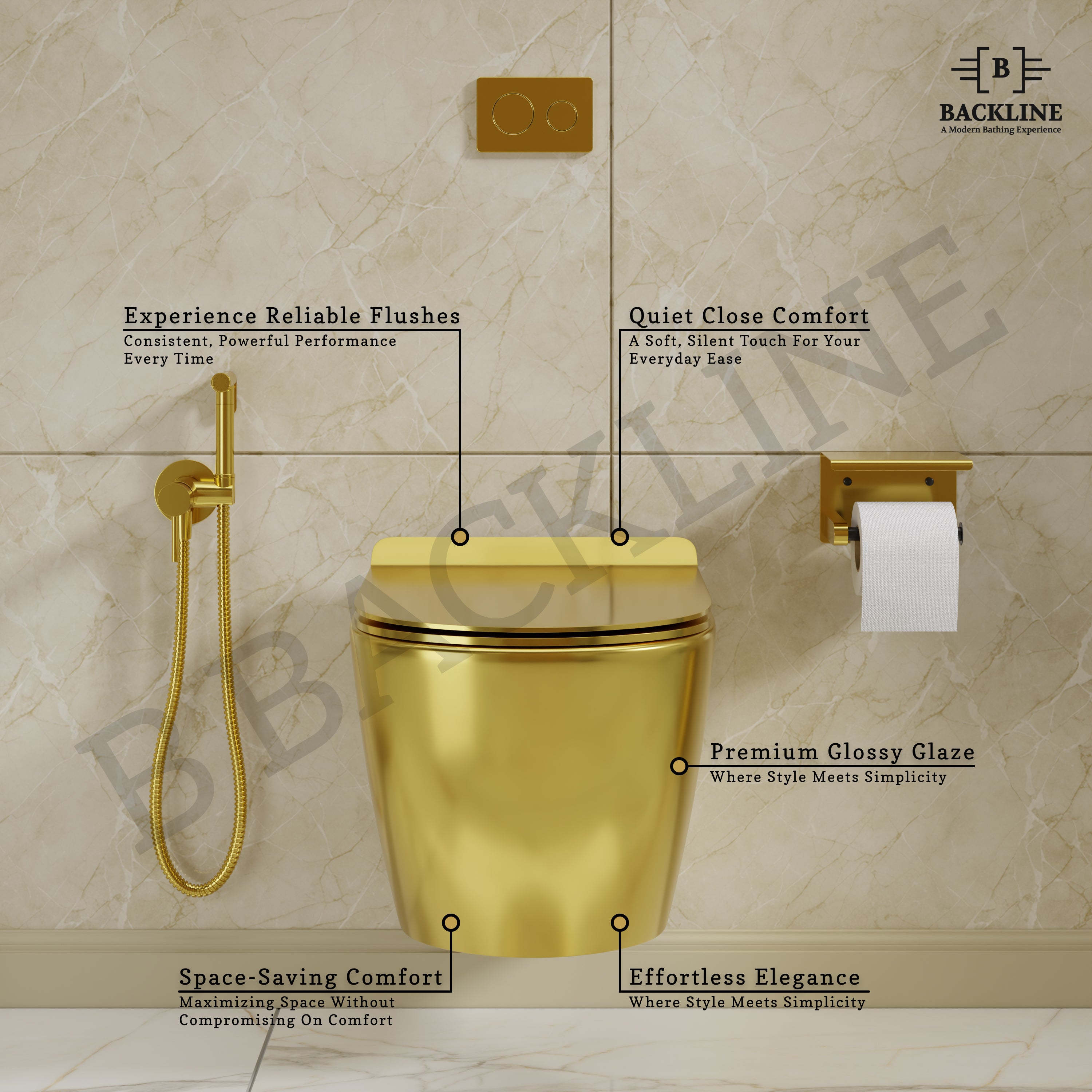 B Backline Ceramic Wall Mount, Wall Hung Western Toilet Commode Gold Glossy 48 X 36 X 36 Cm