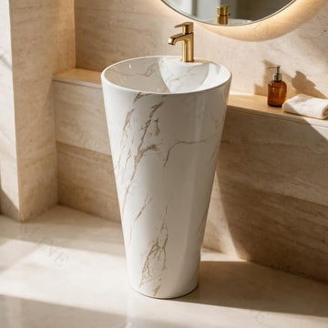Backline White Glossy Standalone Pedestal Basin (15 x 15 x 34 Inch) – One-Piece Free Standing Wash Basin