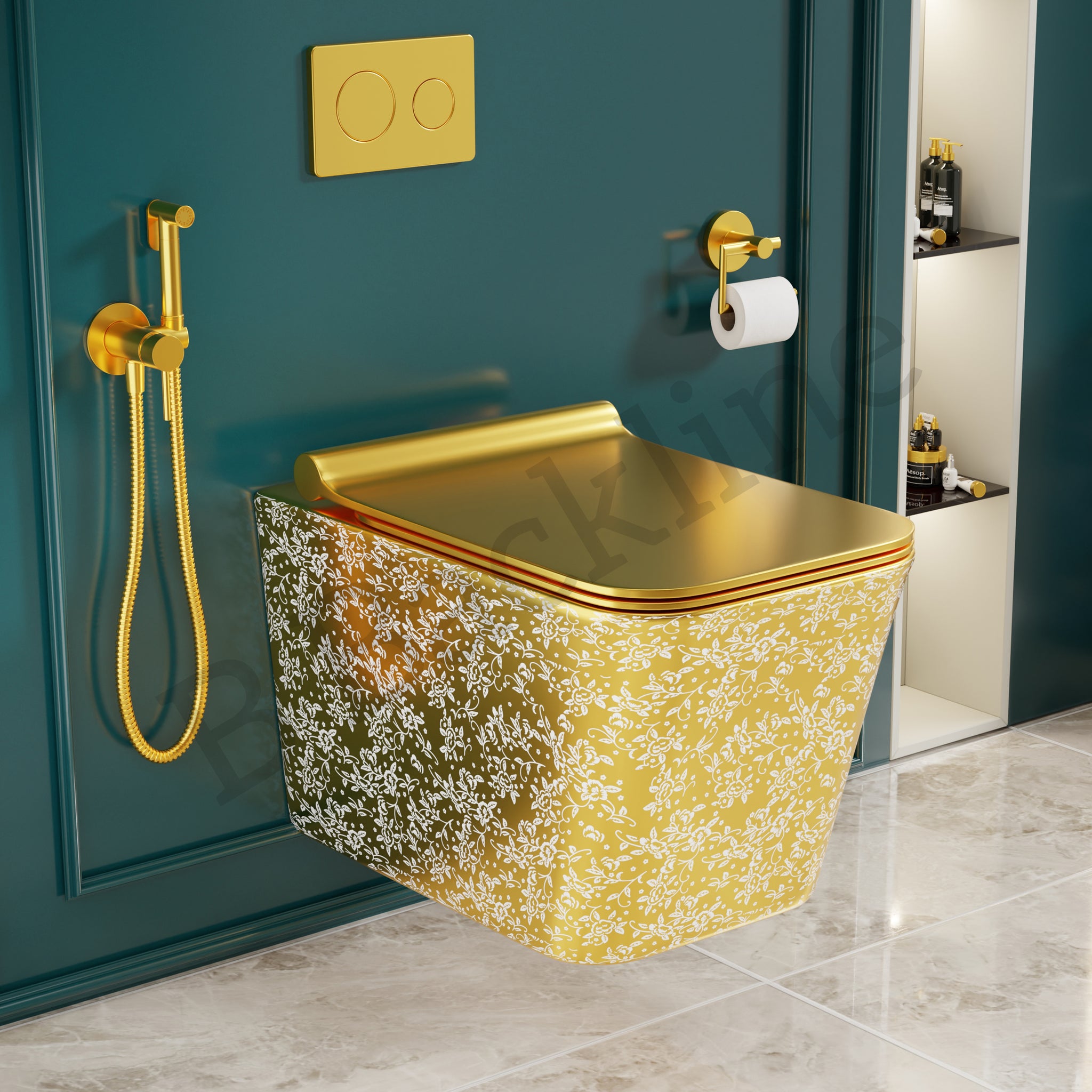 B Backline Ceramic Wall Hung Toilet Wall Mounted Water Closet Commode Rimless Commode Gold White Color 54 X 36 X 36 Cm