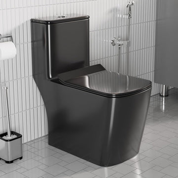 B Backline Ceramic Western One-Piece Toilet Black Commode S-Trap Glossy Finish