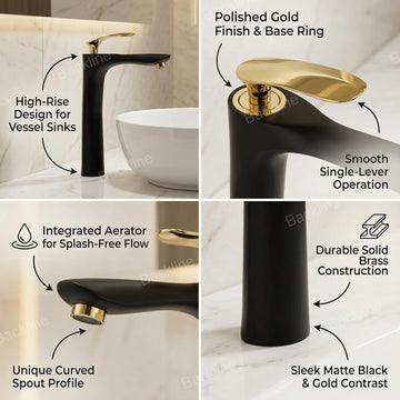 B Backline Brass Wash Basin Hot & Cold Basin Mixer Tap Black Gold Color