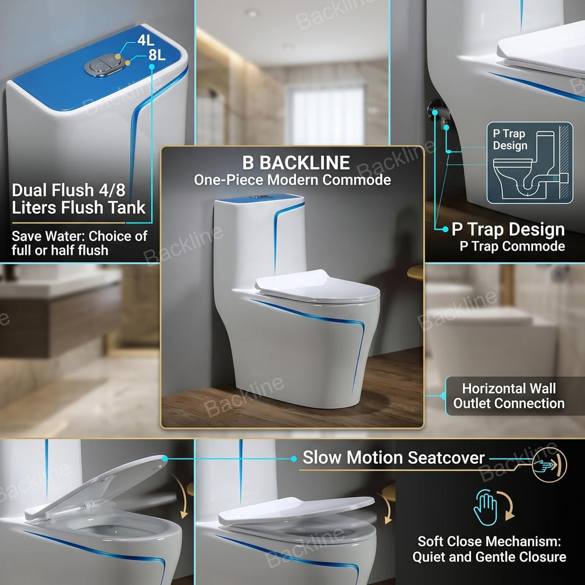 Backline One Piece P-Trap Toilet Commode in White & Blue | 10L Built-i