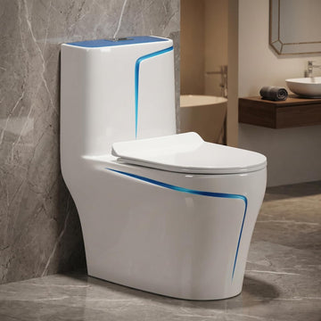 Backline One Piece P-Trap Toilet Commode in White & Blue | 10L Built-in Tank Ceramic Water Closet with Efficient Wash-Down Flushing and Soft Closing Seat Cover