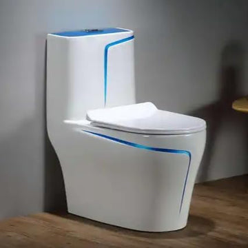 Backline One Piece P-Trap Toilet Commode in White & Blue | 10L Built-in Tank Ceramic Water Closet with Efficient Wash-Down Flushing and Soft Closing Seat Cover