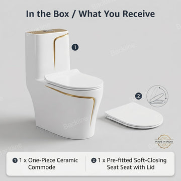 Backline One Piece Ceramic P-Trap Commode in White & Gold – Luxury Water Closet with 10L In-Built Tank, High-Efficiency Wash-Down Flushing & Soft Closing Seat