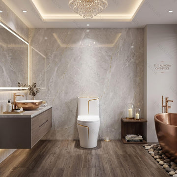 Backline One Piece Ceramic P-Trap Commode in White & Gold – Luxury Water Closet with 10L In-Built Tank, High-Efficiency Wash-Down Flushing & Soft Closing Seat