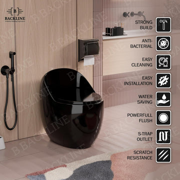 B Backline Ceramic One-Piece Western Toilet Commode With Tank S Trap Commode Syphonic Flushing System Black Glossy Finish