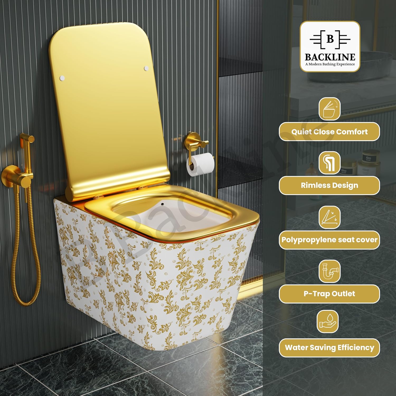 B Backline Ceramic Wall Hung Toilet or Wall Mounted Closet Square Gold