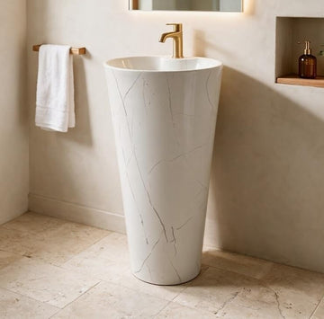 Backline Standalone Pedestal Basin in White Glossy (15 x 15 x 34 Inch) – One-Piece Free Standing Wash Basin