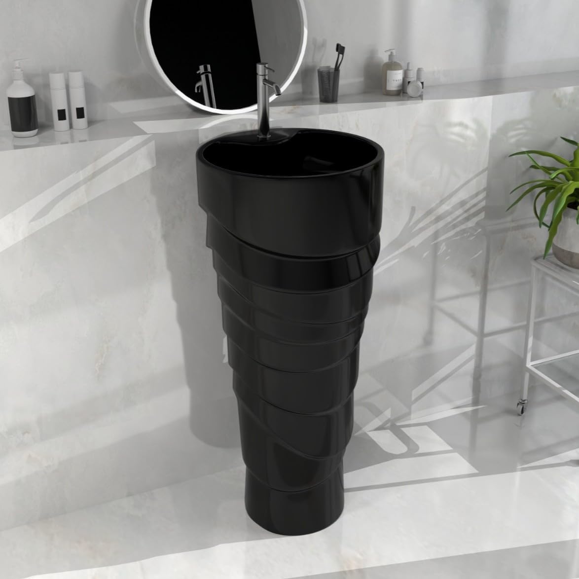 B Backline Ceramic Pedestal Wash Basin Round 15 Inch Black