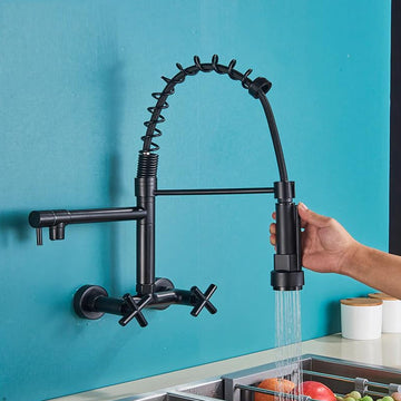 B Backline Brass Wall-Mount Sink Tap Hot & Cold Mixer Pullout Kitchen Faucet(Black)