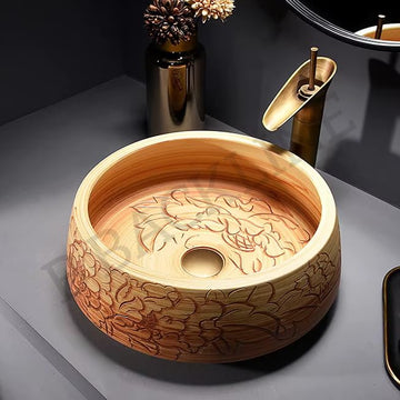 B Backline Ceramic Table Top Wash Basin 42x42x14 cm Wooden finish Design