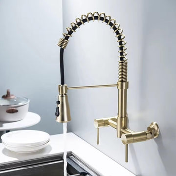 B Backline Brass Wall-Mount Sink Tap Hot & Cold Mixer Pullout Kitchen Faucet (Gold Brushed)