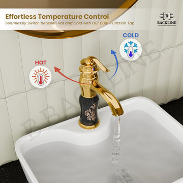 B Backline Gold & Black Basin Short Mixer Tap | Dual Handle Hot & Cold Faucet for Bathroom & Living Room
