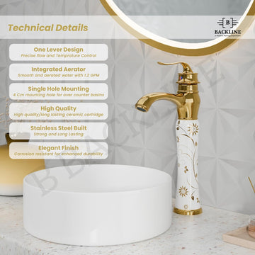 Premium Wash Hot & Cold Pillar Basin Mixer Tap (Gold & White)