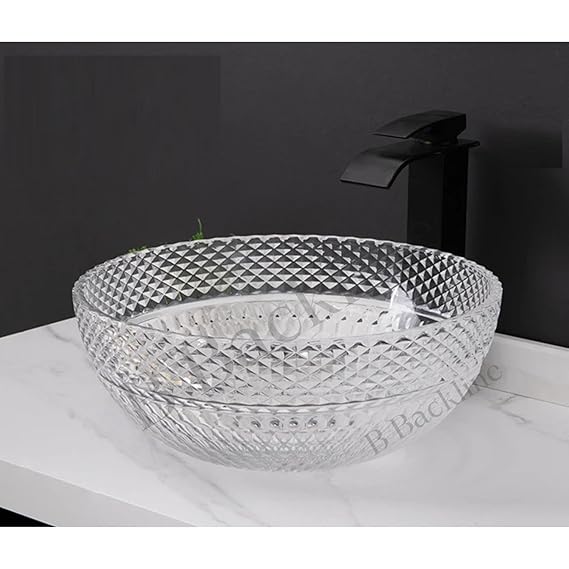 B Backline Luxury Glass Basin | Table Top Wash Basin | Counter Top Basin | Glass Bowl Basin For Bathroom & Livingrooms 42 X 42 X 18 Cm (White Transprent)