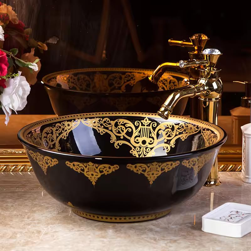 B Backline Ceramic Moroccan Wash Basin | Basin for Bathroom | Tabletop Wash Basin | Art Basin For Bathroom/Home/Office/Hotels 41 X 41 X 14 Cm (Black Gold