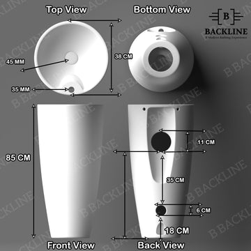 B Backline Ceramic Pedestal Free Standing Wash Basin Round 15 Inch White