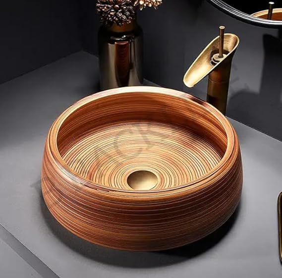 B Backline Ceramic Wooden Finish Table Top Wash Basin | Counter Top Wash Basin For Bathroom & Living Room 42 X 42 X 14 Cm (Matt) X 42 X 14 CM
