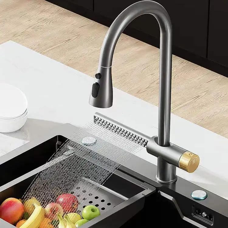 B Backline Brass Single Lever Kitchen Sink Faucet Mixer 360° Pull-Out Sprayer Kitchen Faucet Tap  with Multi-Function Spray Head, Black