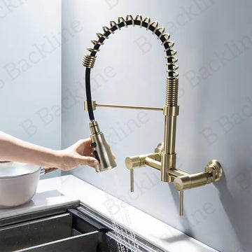 B Backline Brass Wall-Mount Sink Tap Hot & Cold Mixer Pullout Kitchen Faucet (Gold Brushed)