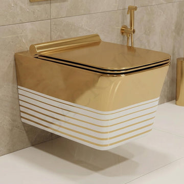 B Backline Ceramic Wall Hung Toilet Wall Mounted Water Closet Commode Rimless Commode Gold White Color 54 X 36 X 36 Cm