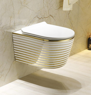 B Backline Ceramic Wall Hung Toilet Wall Mounted Water Closet Commode Rimless Commode White Gold Color 53 X 36 X 35 Cm