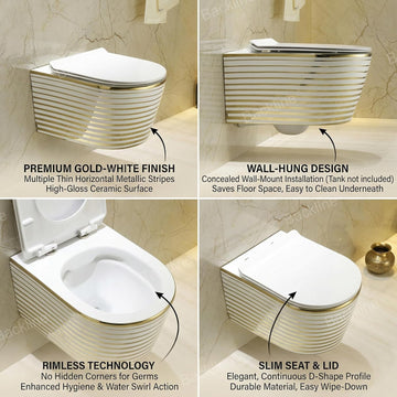 B Backline Ceramic Wall Hung Toilet Wall Mounted Water Closet Commode Rimless Commode White Gold Color 53 X 36 X 35 Cm
