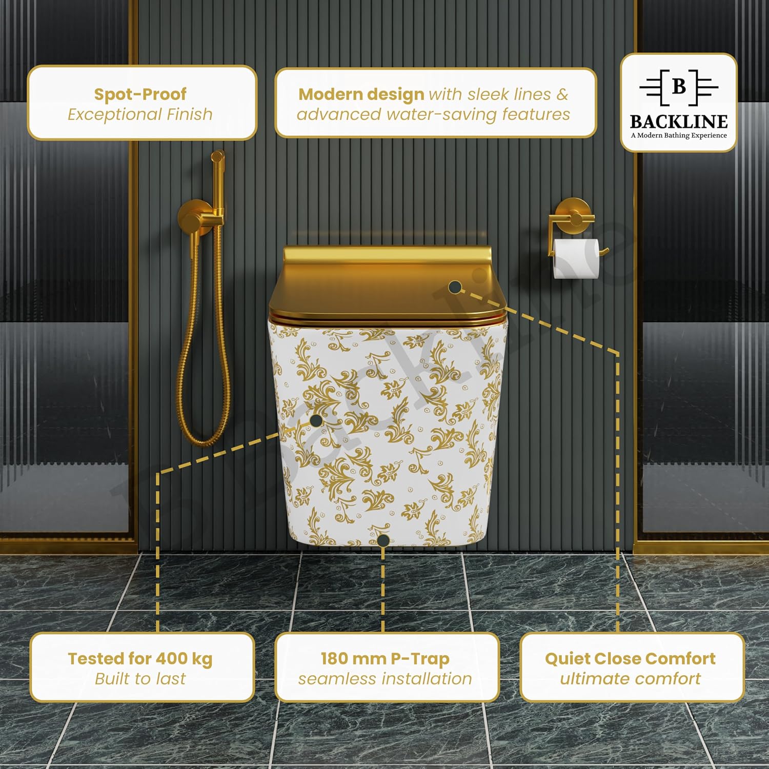 B Backline Ceramic Wall Hung Toilet or Wall Mounted Closet Square Gold