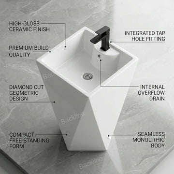 B Backline Ceramic Pedestal Free Standing Wash Basin 46 x 41 x 84 cm (Glossy Finish)