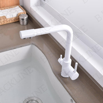 B Backline Brass Kitchen Faucet Tap Double Lever Hole RO Drinking water tap kitchen faucet (White Glossy)