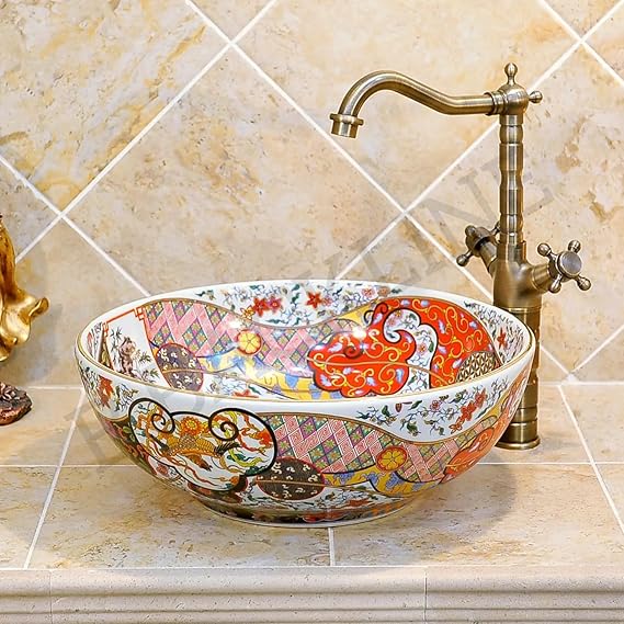 B Backline Ceramic Moroccan Wash Basin | Countertop Basin for Bathroom | Tabletop Wash Basin | Art Basin For Bathroom/Home/Office/Hotels 41 X 41 X 14 CM