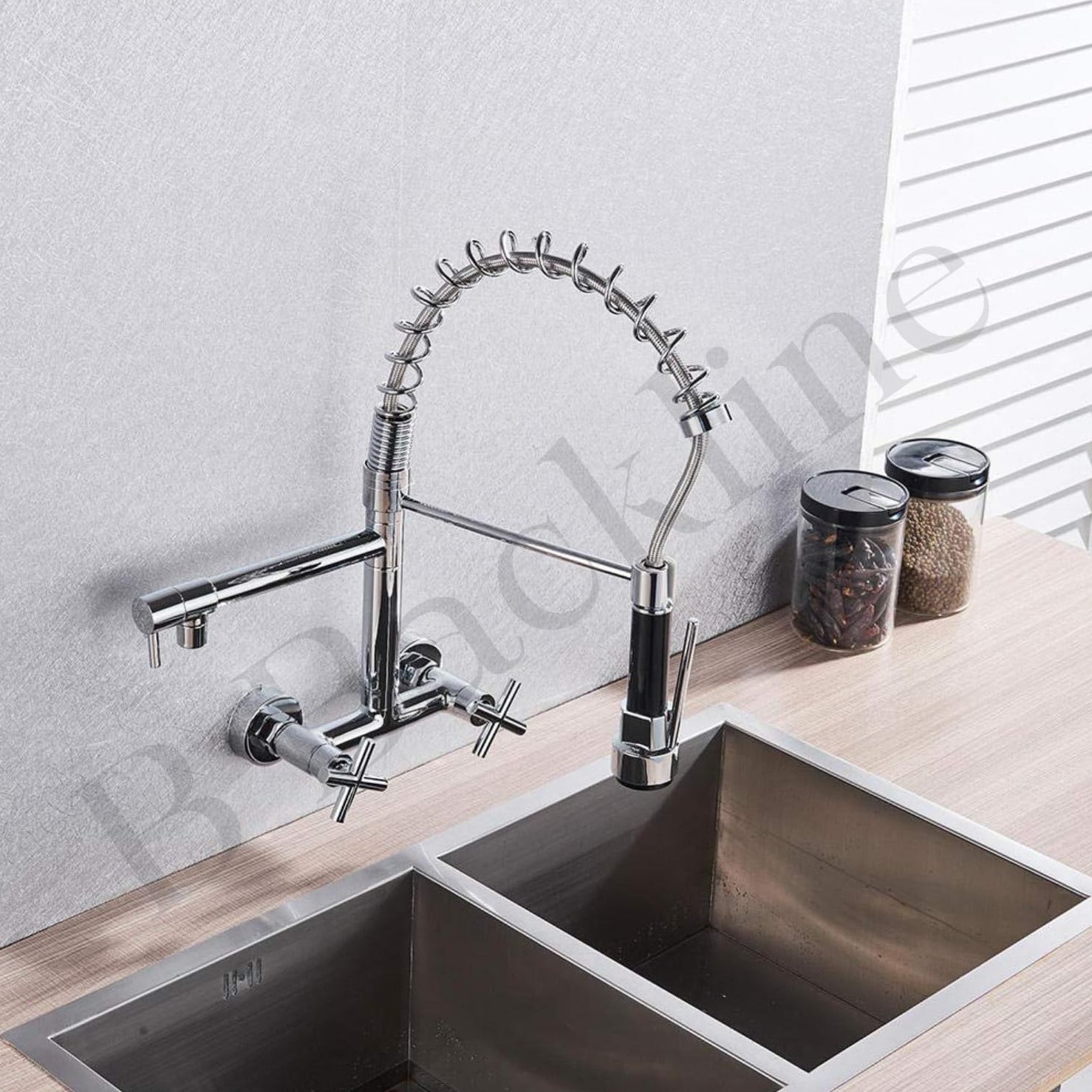 B Backline Brass Wall-Mount Sink Tap Hot & Cold Mixer Pullout Kitchen Faucet(Silver)