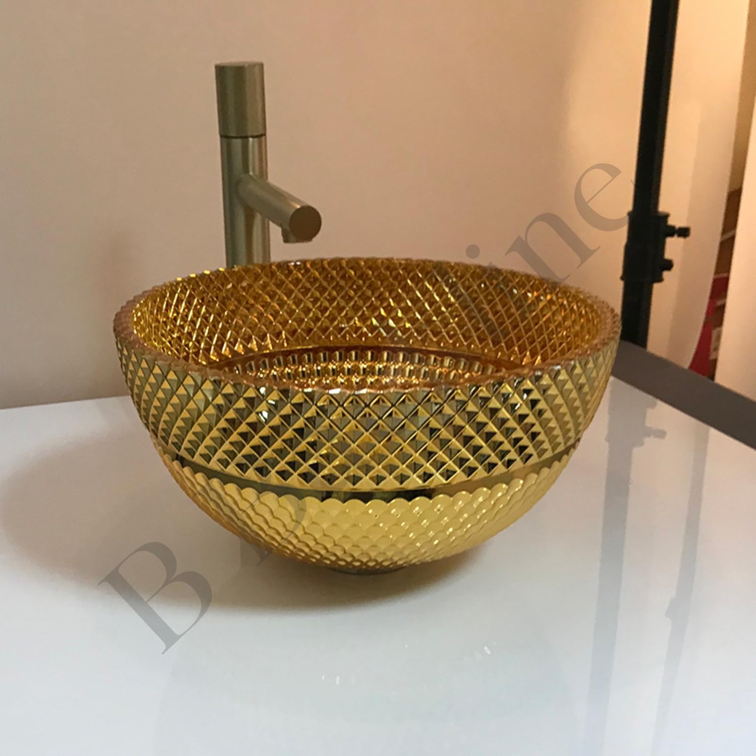 B Backline Glass Basin Table Top Wash Basin Bathroom & Livingroom 34 X 34 X 17.5 Cm (Gold)