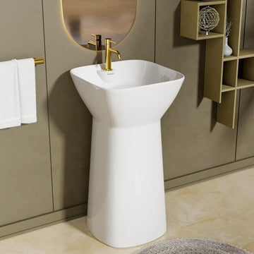 B Backline Ceramic Pedestal Free Standing Wash Basin Square 17 Inch White