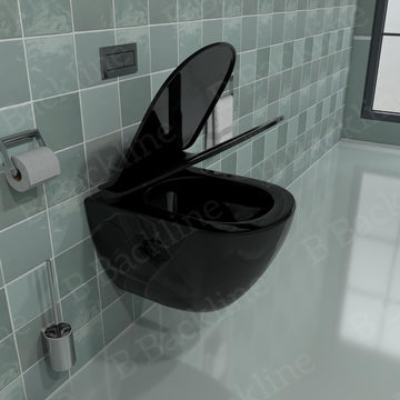 Ceramic Rimless Wall Hung Western Toilet/Water Closet/Wall Mount Commode With Soft Close Toilet Seat - P Trap Outlet Is From Wall (Black Glossy)
